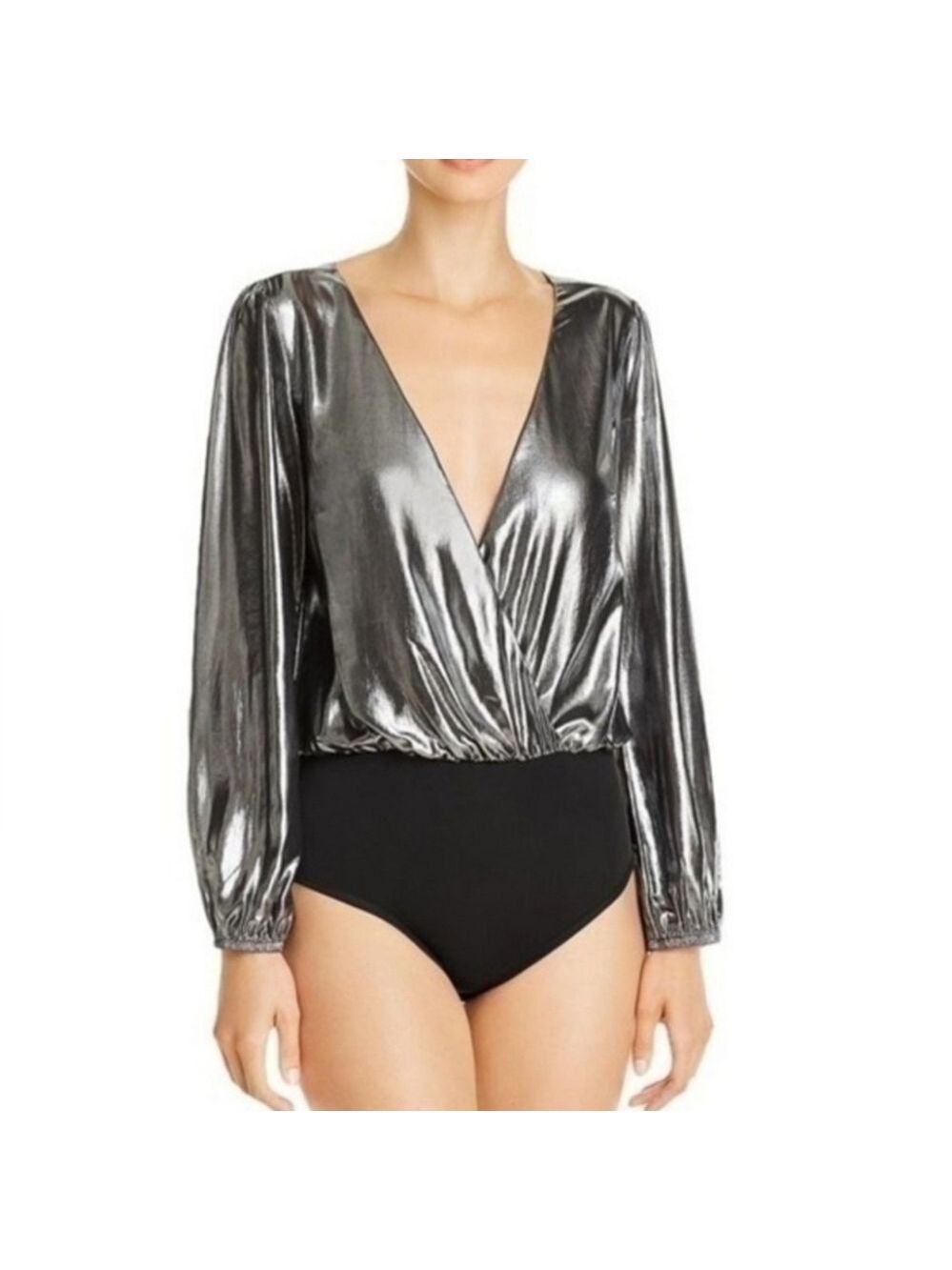French Connection Metallic Silver Long-Sleeve Bodysuit